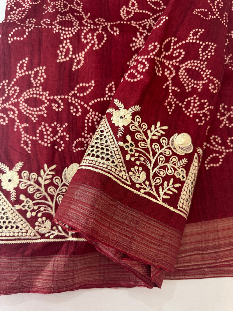 Blended Bandhani tussar silk saree with cutwork MTBF315