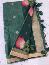 Semi jute silk saree with organza pallu MJL406 DarkGreen