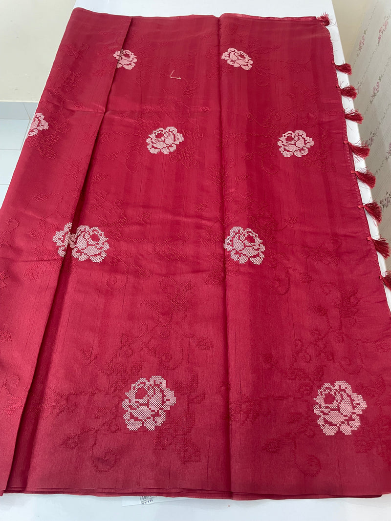 Blended Matka Tussar silk saree with cross stitch embroidery MS4899 MaroonRed