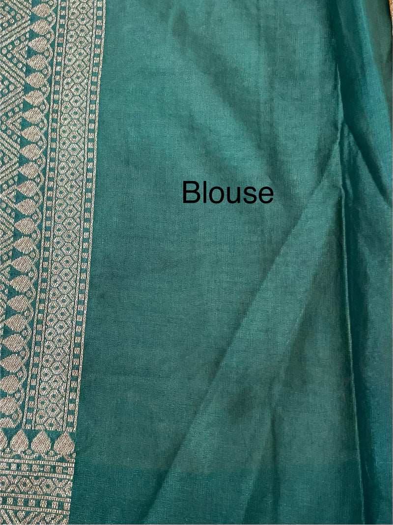 Banarasi semi katan saree with contrast border SHKNTNM- Creamy Yellow to BottleGreen