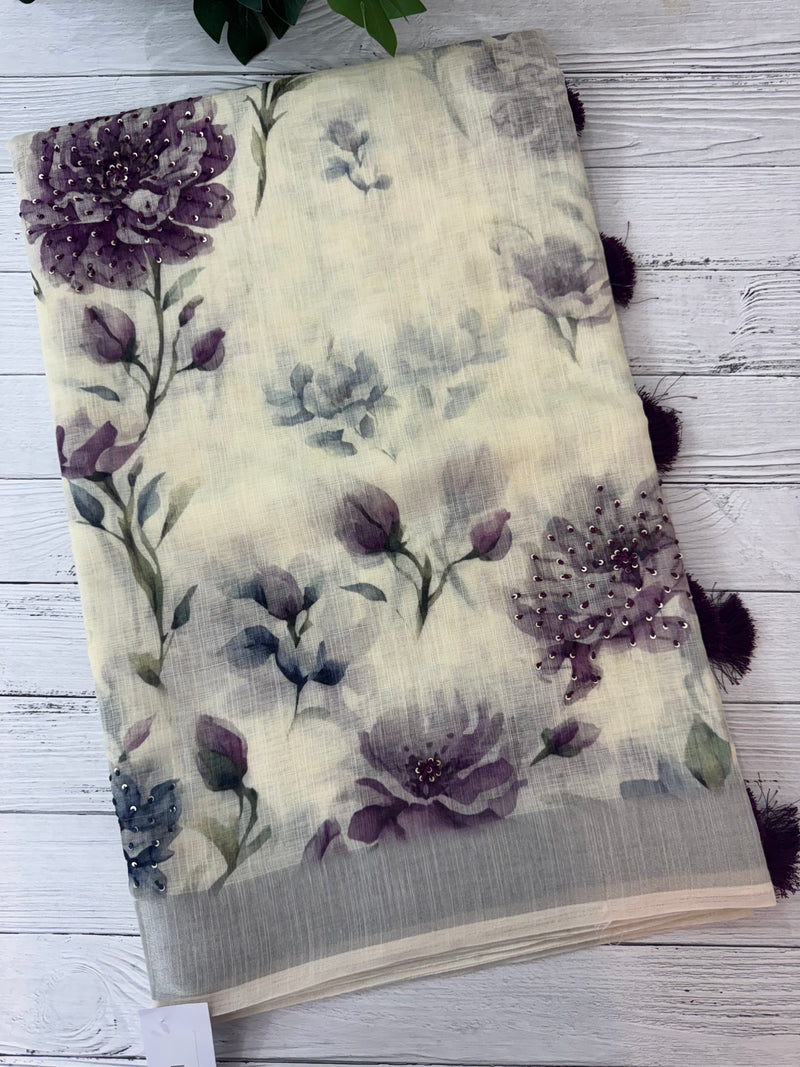 Handworked floral digital printed semi Linen Saree MLS611