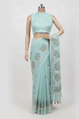 Supernet saree with cross stitch embroidery MSH116 - LightBlue