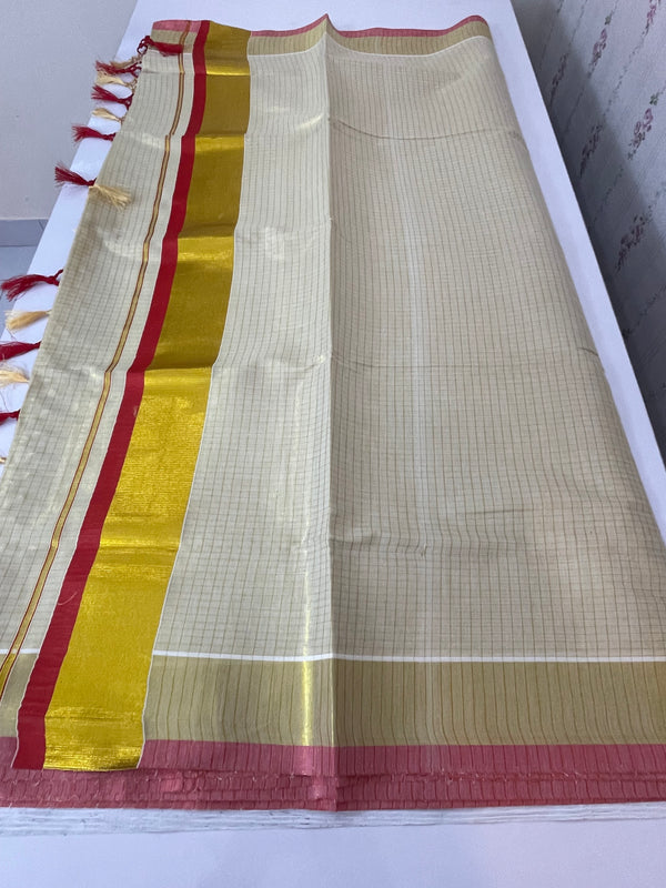 Kerala tissue saree - Gold checks