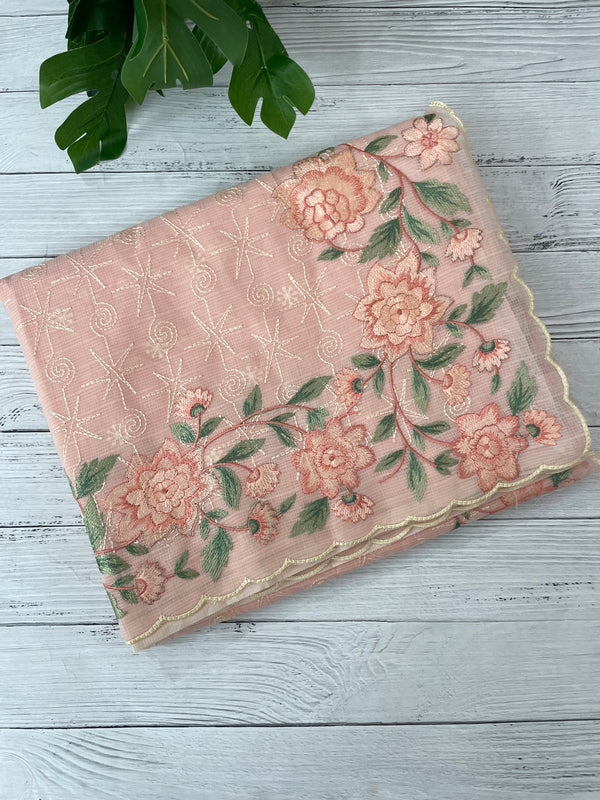 Phulkari NetKota embroidery saree - MSH126 Pastel Peach