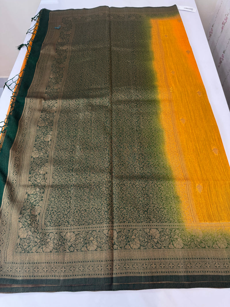 Jute tussar silk sarees with contrast pallu & brocade blouse MS1688 - Mustard to Green