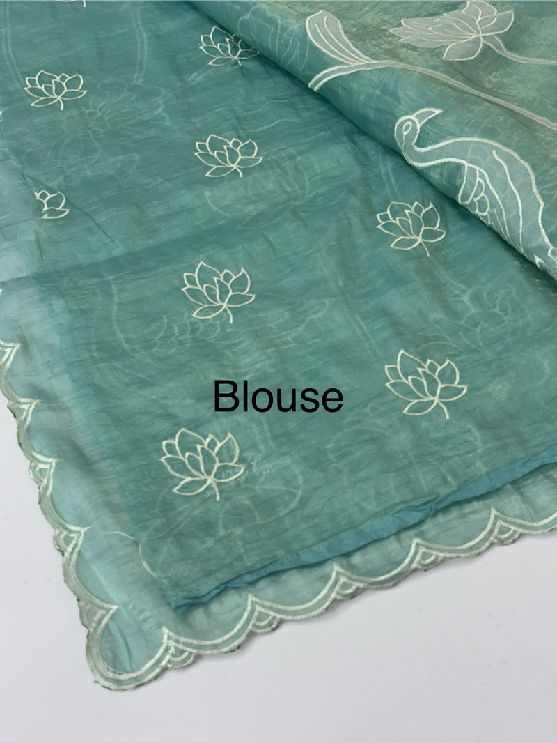 Crush Organza Applique work saree MS14987- Blue