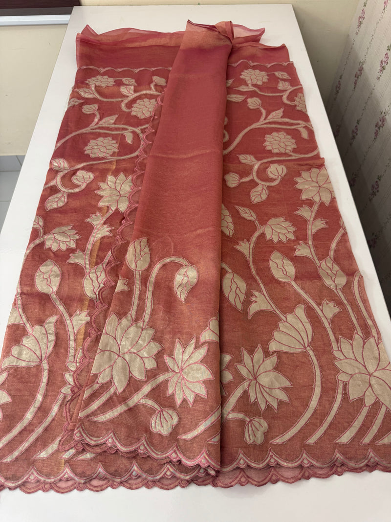 Dual tone Crush silk Organza Applique work saree MS14567- DuskyPeachPink