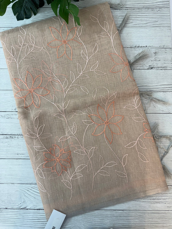 Tissue Linen Saree with embroidery MRS786 - Pastel peach