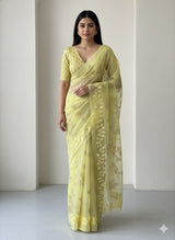 Premium Organza saree with tissue appliqué work - MMG310 - Yellow