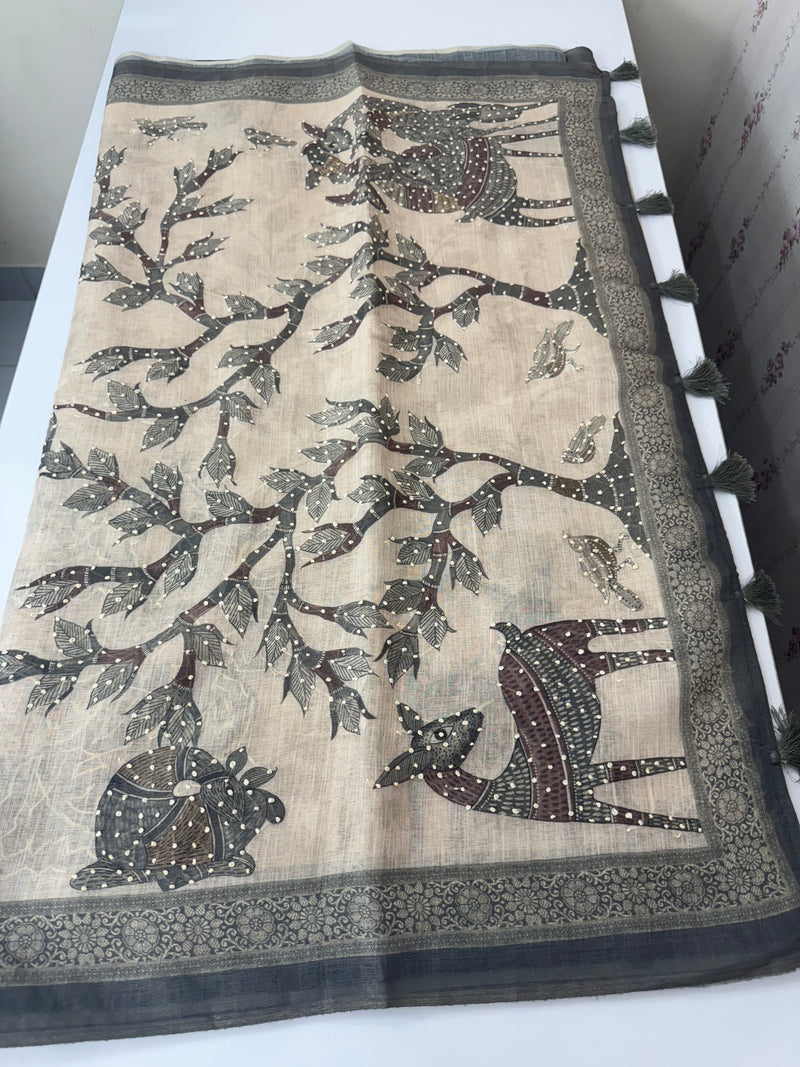 Blended linen saree with knotted embroidery and digital prints MLS4545