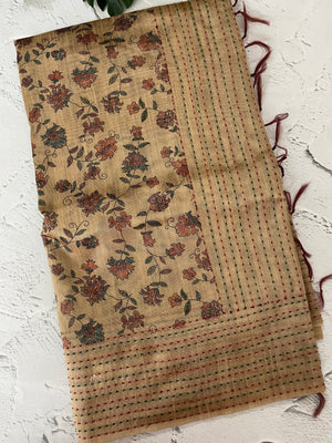 Kalamkari Printed Blended matka Tussar silk saree with kant work JSDNIYY