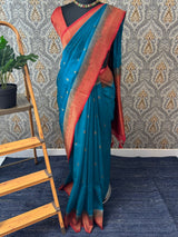 Jute tussar silk sarees with contrast pallu & brocade blouse MS1688