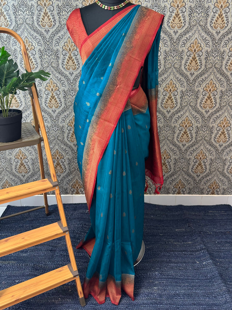 Jute tussar silk sarees with contrast pallu & brocade blouse MS1688