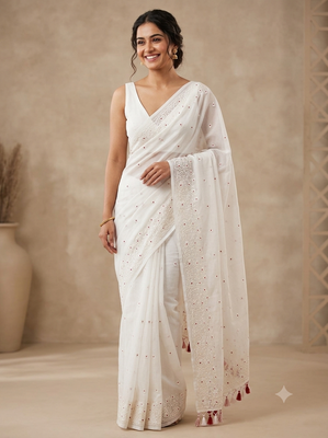 Kota Moonga checks saree with embriodery MSH279 (3)- White to Red
