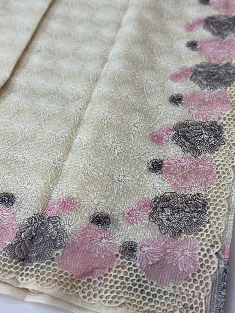 Cutwork Phulkari NetKota Embroidery saree - OffWhite