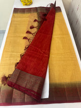 Jute silk sarees with contrast pallu & blouse MJL396 - DarkBeige to MaroonRed