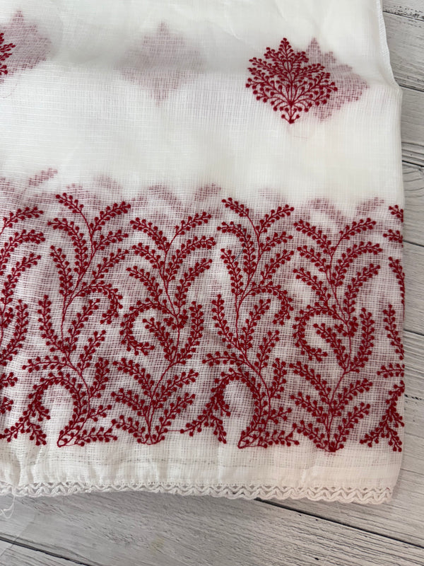 Soft kota checks saree with embroidery - SVTS38 white & red