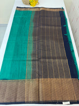 Jute silk sarees with contrast pallu & blouse MJL324 Teal to darkblue