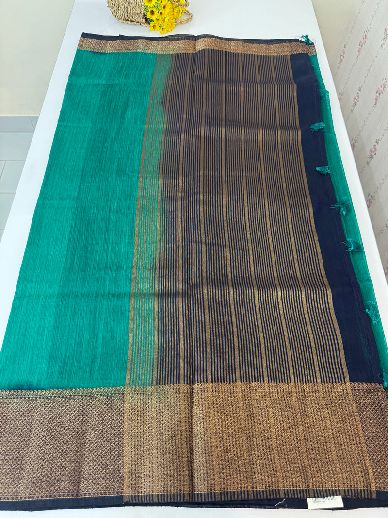 Jute silk sarees with contrast pallu & blouse MJL324 Teal to darkblue