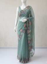 Handworked glass organza saree with applique work- MSHW227- BlueGreen