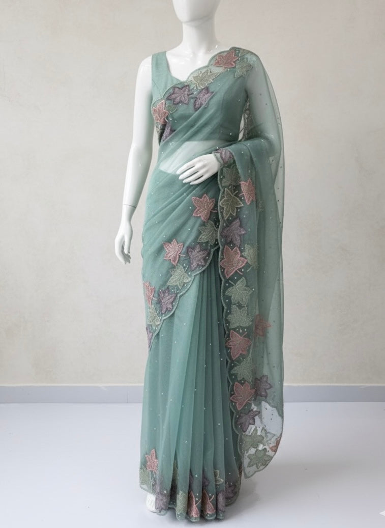 Handworked glass organza saree with applique work- MSHW227- BlueGreen