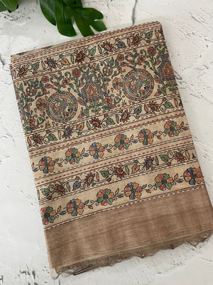 Madhubani Printed Semi tussar silk saree with Kanta work MBT6877 (4)