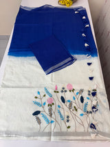 Linen blend Saree with hand embriodery MLS611- Royal blue & white