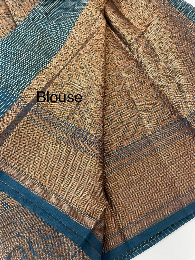 Semi silk saree with checks zari weaving MS81543- PeacockBlue