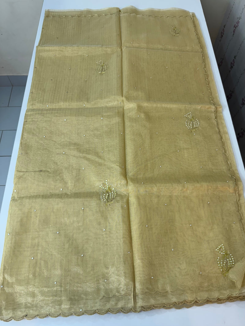 Tissue silk saree with mirror work and scalloped border MTSS432- DuskyYellow