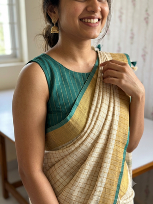 Linen checks saree with zari border MLS9766- Cream & RamaGreen