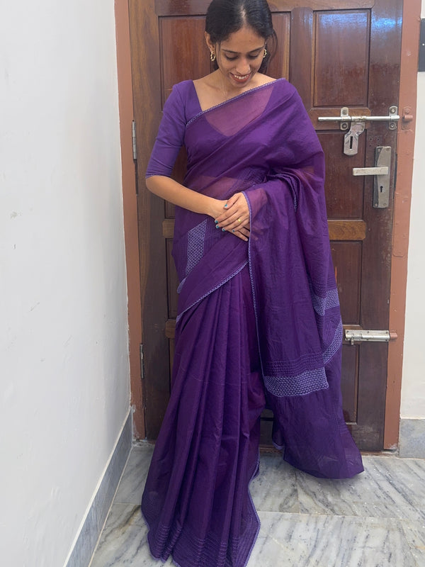 Supernet saree with crochet work and lace border MCJ5433 (V shape Crochet)