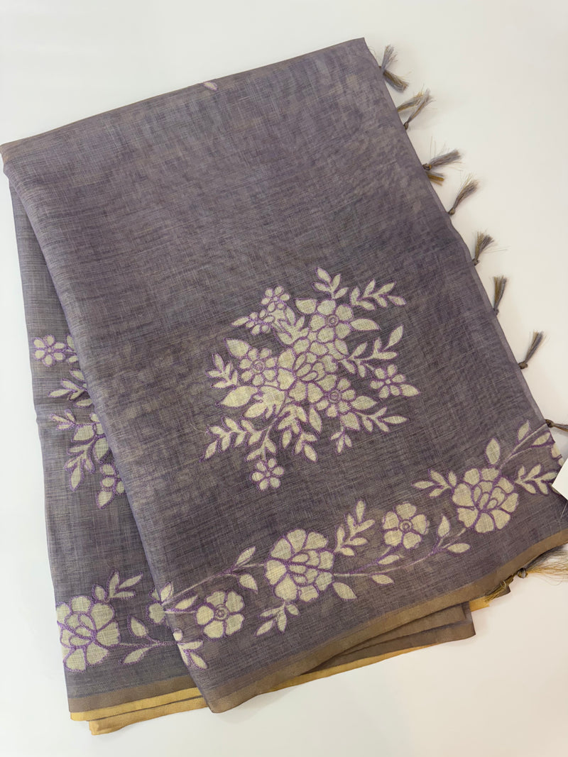 Tissue Linen Saree with applique work MRS890