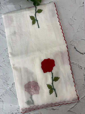 Lightweight Kota Moonga checks saree with applique work MSH287 - White to Red