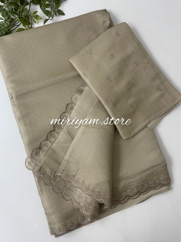 Kosa semi tussar silk saree with scalloped border - MKTS553 Taupe