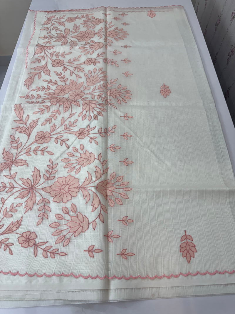 Kota silk saree with applique work SJCV82- Offwhite & Peach