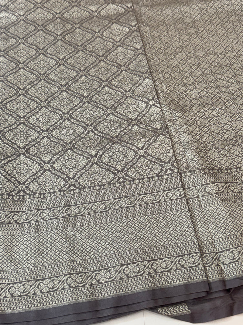 Banarasi semi katan saree in silver zari SHKNRIM- Ash