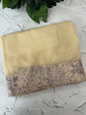 Soft Organza saree with cutwork tissue applique borders - MCW765 ButterCream