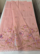 Supernet saree with embroidery and handpainting MSH104- Pastel PeachPink