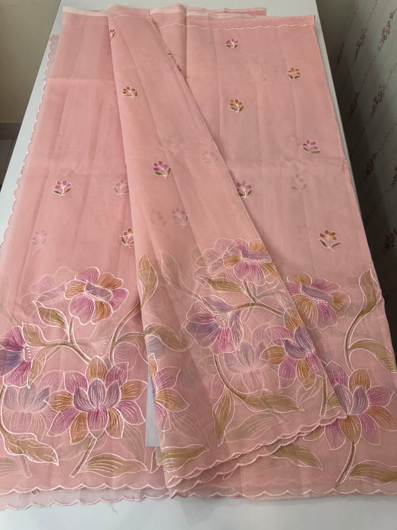 Supernet saree with embroidery and handpainting MSH104- Pastel PeachPink