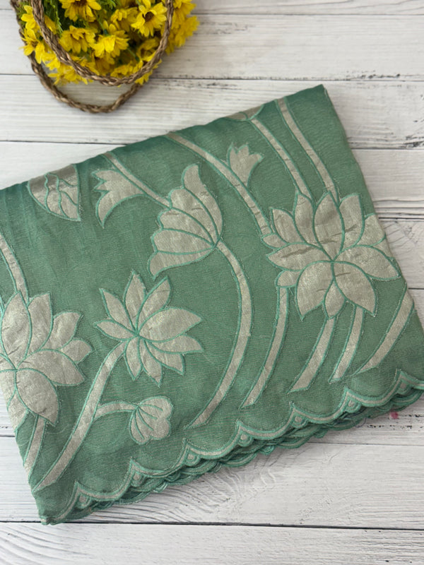 Dual tone Crush silk Organza Applique work saree MS14567- JadeGreen