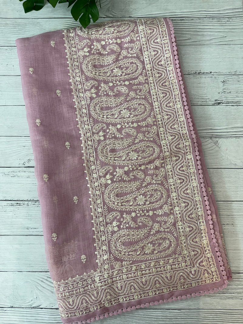 Semi linen saree with chikanakari embroidery- MS15086 PastelPink