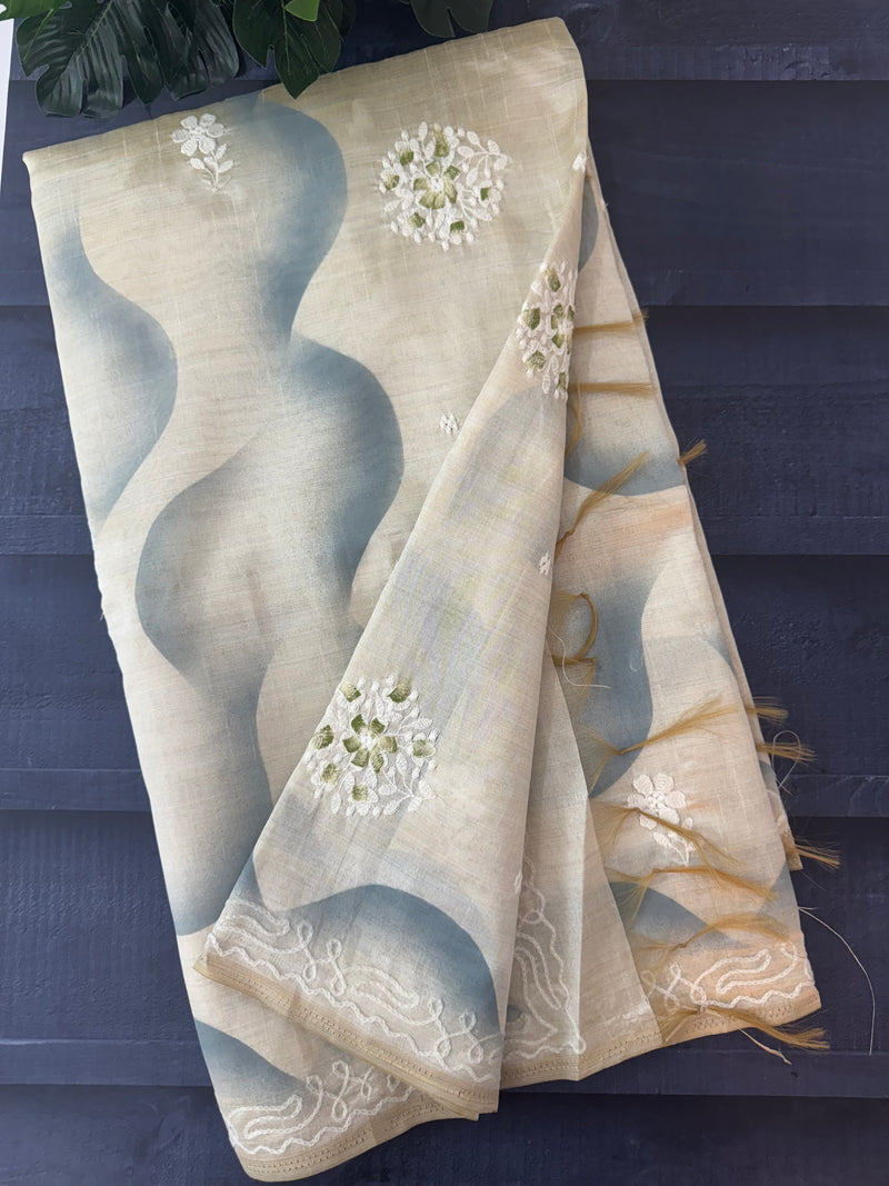 Blended printed tussar saree with embriodery - RSTRSM