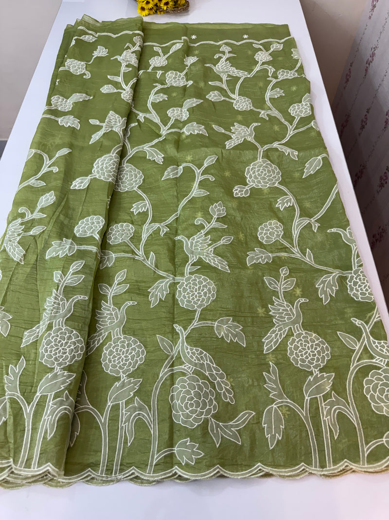 Crush Organza Applique work saree MS14987- Green(Design 3)