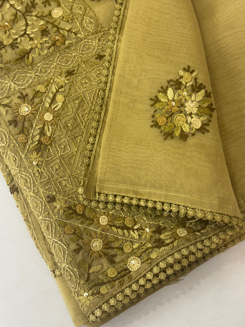 Handworked Tissue silk saree with French knots FBLK162 YellowMixGreen