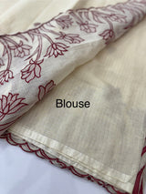 Jute Linen Applique work saree  -MSH128 Offwhite to MaroonRed