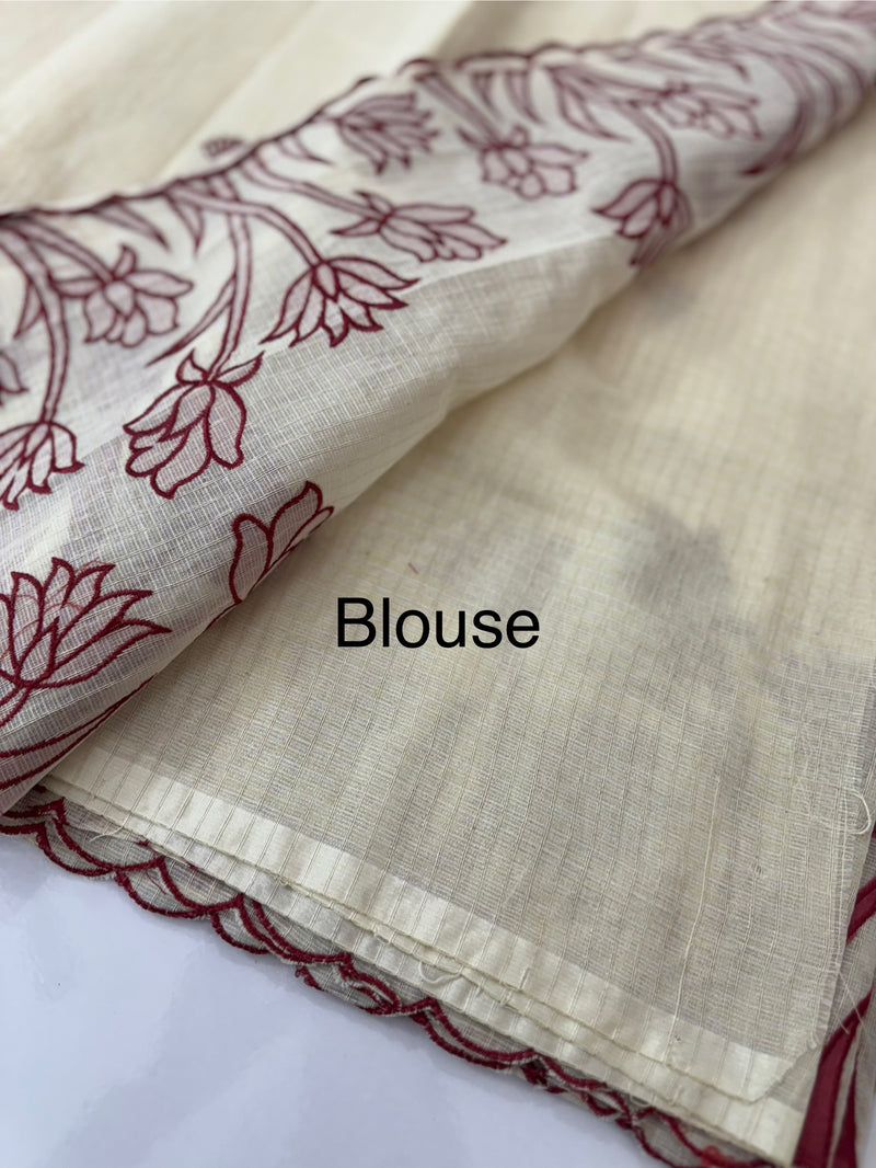 Jute Linen Applique work saree  -MSH128 Offwhite to MaroonRed