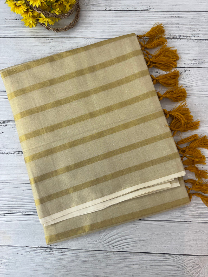 Kerala tissue saree - Stripes with yellow tassels