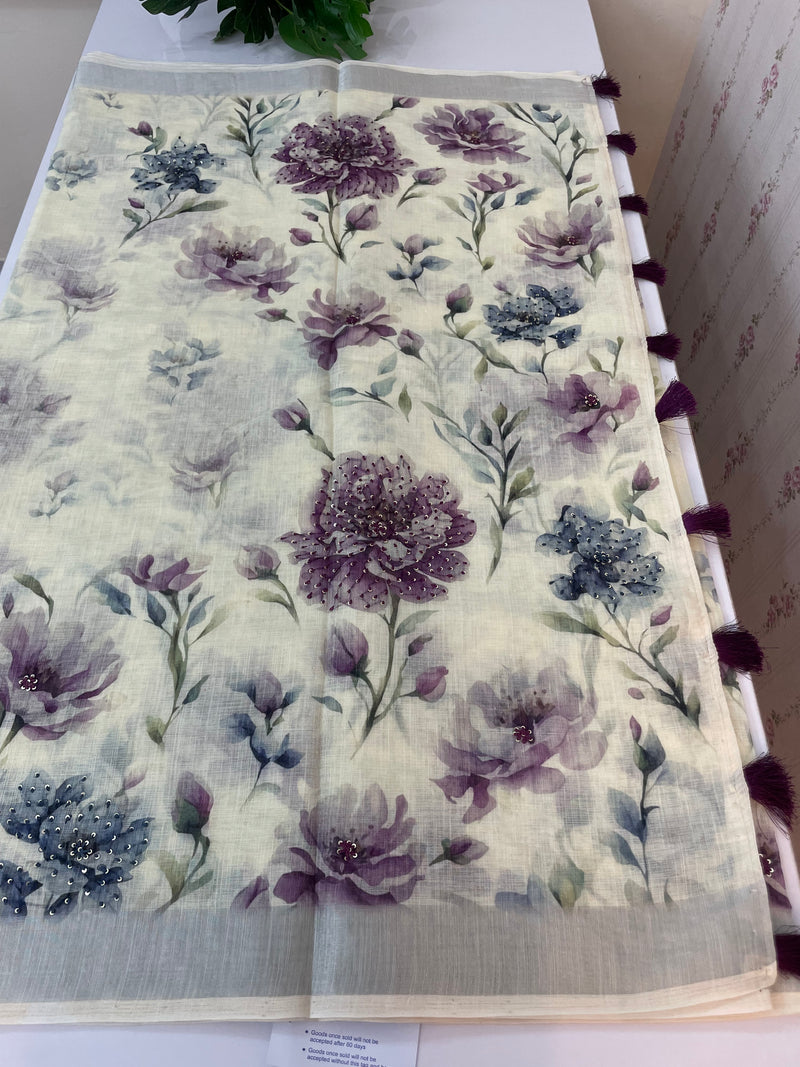 Handworked floral digital printed semi Linen Saree MLS611