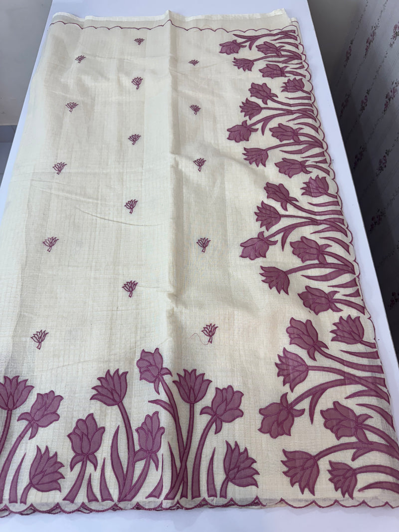 Jute Linen Applique work saree  -MSH128 Offwhite to OnionPink