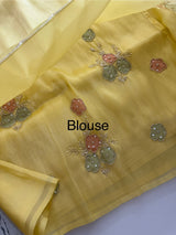 Handworked Premium Glass tissue flowy organza saree applique work MCH221 - Yellow